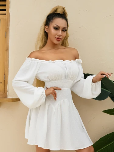 Minivestido elegante de manga larga con hombros descubiertos para mujer, Vestido corto plisado de Jacquard de Color sólido para fiesta diaria, otoño