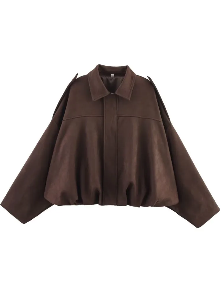 Women's Solid Color Bomber Jacket Autumn And Winter New Fashion Suede Texture Effect Long-sleeved Loose Fashion Lapel Jacket Top - view 2