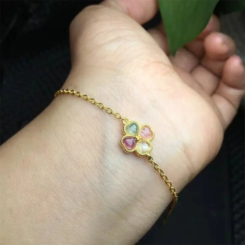 S925 Natural Tourmaline Lucky Clover Bracelet Healing Fashion Reiki Crystal Man Woman Fengshui Jewelry Birthday Gift 1pcs