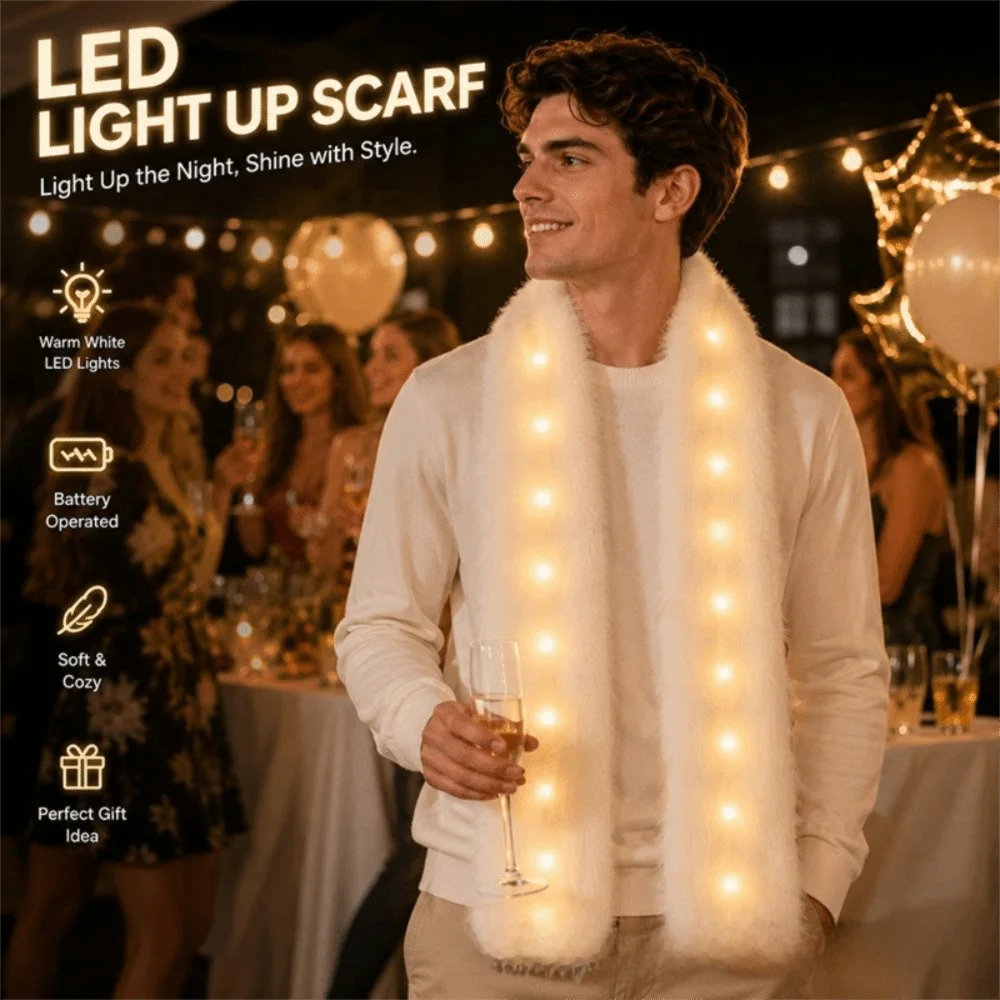 Fashion White Plush LED Flash Scarf Light Up Fluffy Luminous Glowing Scarf Soft Warm Winter Plush Scarf Rave