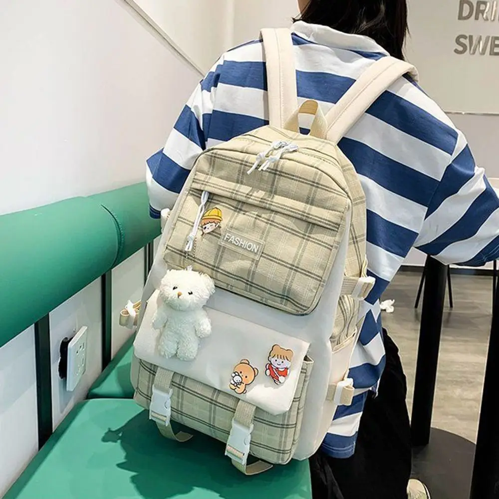 5 pçs/set grande capacidade bonito xadrez mochila y2k estilo coreano dos desenhos animados bolsa de ombro lona alças ajustáveis estudante saco escolar