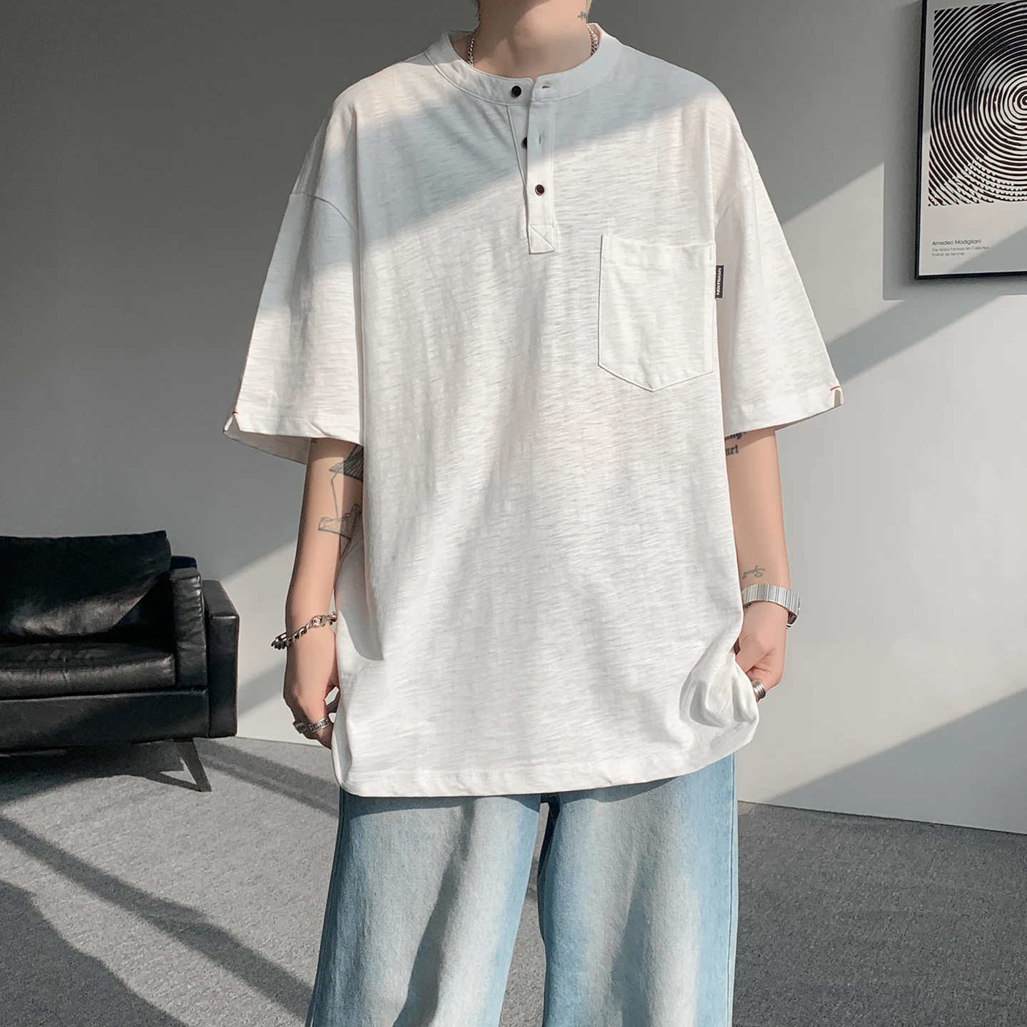 Summer Men's Henry Collar Linen Short-Sleeved T-Shirt- Stretch Large Size Loose Half-Sleeve Hem