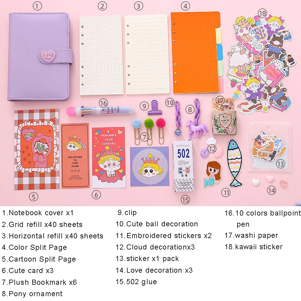 Kawaii Journal Binder Notebook Cute A6 Ring Planner PU Notepad Diary Note Book Grid Horizontal Student Diy Cute Girl's Gift