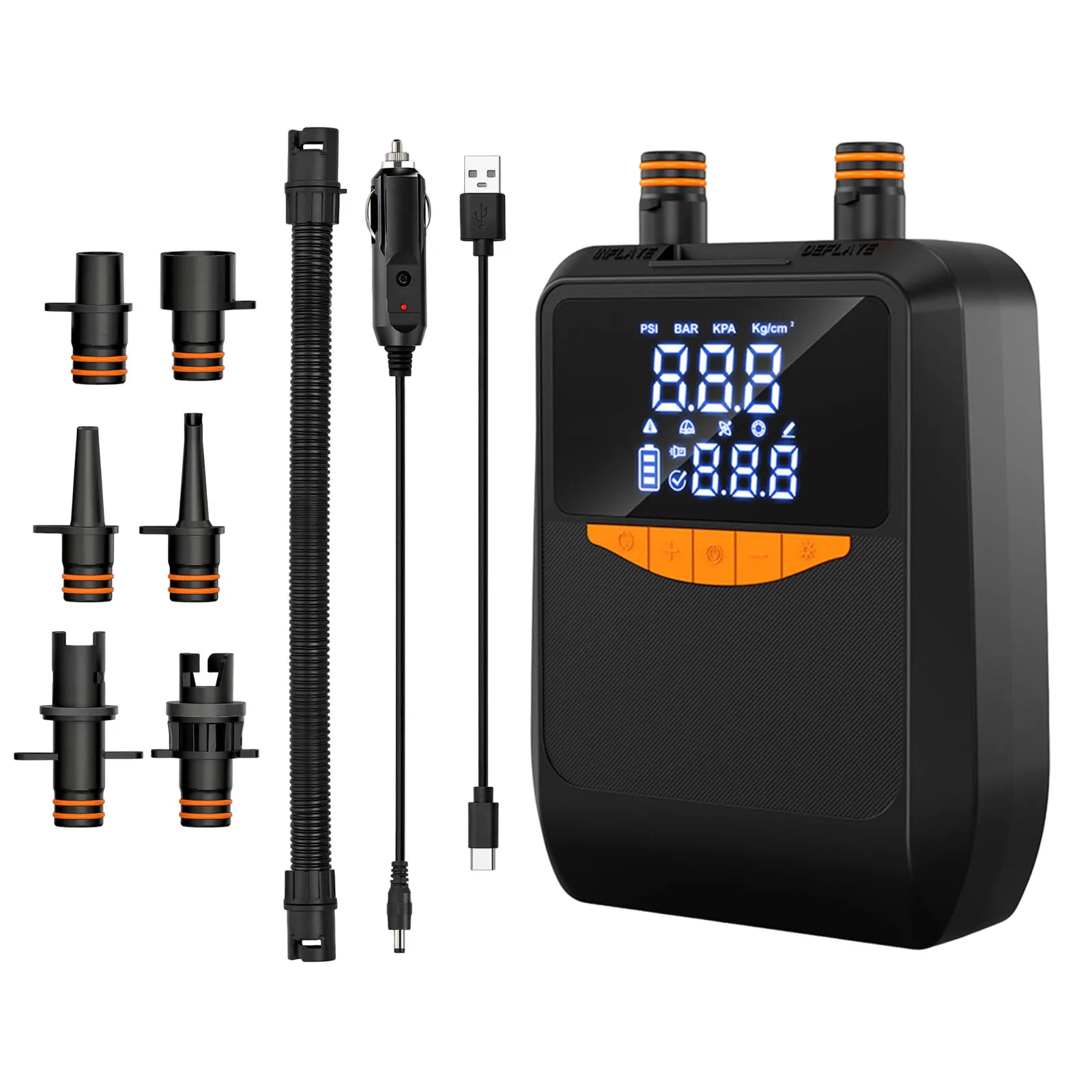 6000mAh Intelligent Dual Stage Inflation&Deflation Pumps with Digital Display&Cigarette Lighter Plug for Boats Surfing Kite Tent