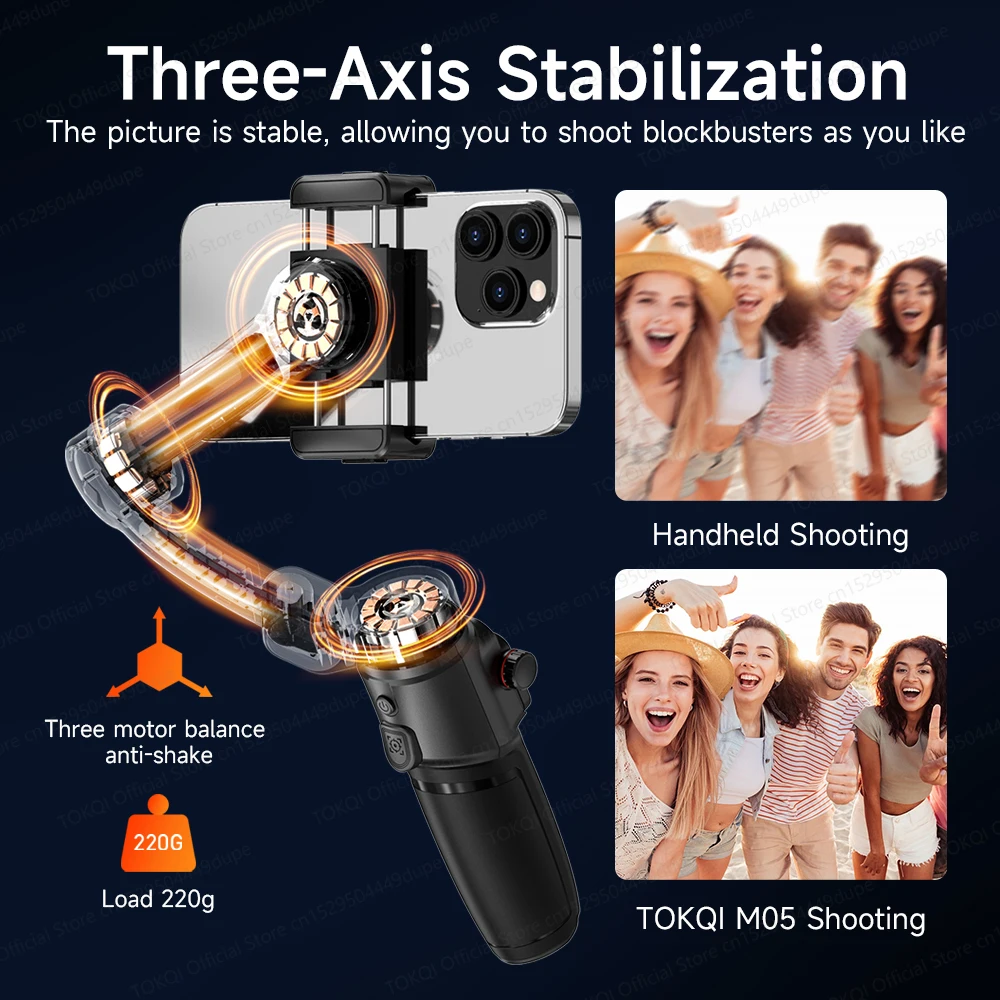 TOKQI M05 يده Gimbal 3-Axis مثبت الهاتف المحمول المدمج في قضيب تليسكوبي مع جهاز تحكم عن بعد لاسلكي للهواتف اطلاق النار مدونة فيديو
