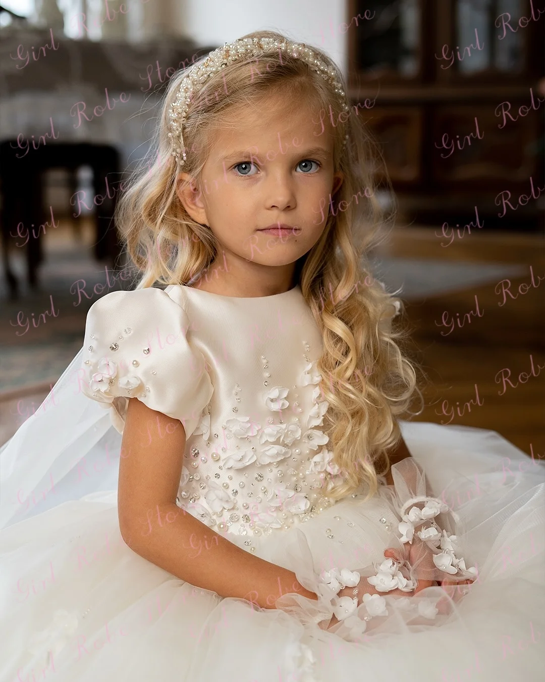 Elegant Flower Girl Dress For Wedding 3D Floral Puffy Tulle Floor Length Shawl Princess Communion Birthday Ball Gown Customized