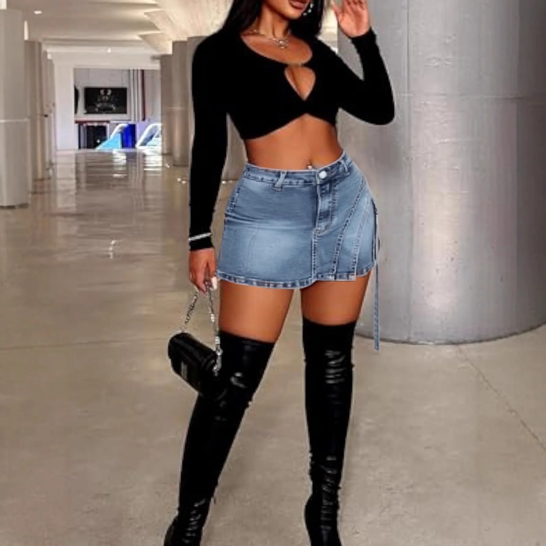 Pantaloni con gonna corta in denim elastico europeo e americano Nuovi pantaloni a gamba larga a forma di A sottili da donna