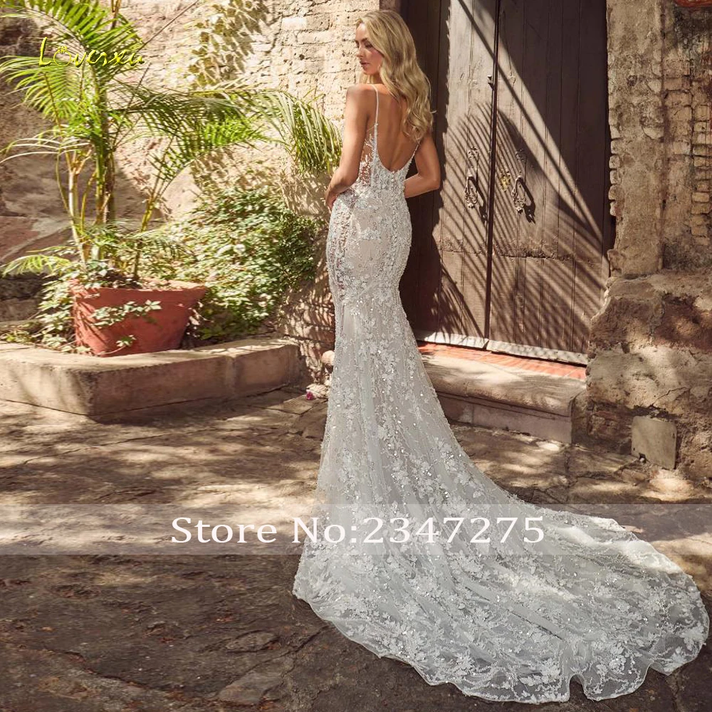 Loverxu sereia vestidos de casamento sexy colher cintas de espaguete vestido de novia bordado trem destacável feito sob encomenda vestido de noiva