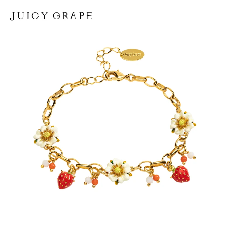 

JuicyGrape Strawberry and Flower Pendant Bracelet Handmade Enamel Bracelet Plated with18K Real Gold Party and Birthday Best Gift