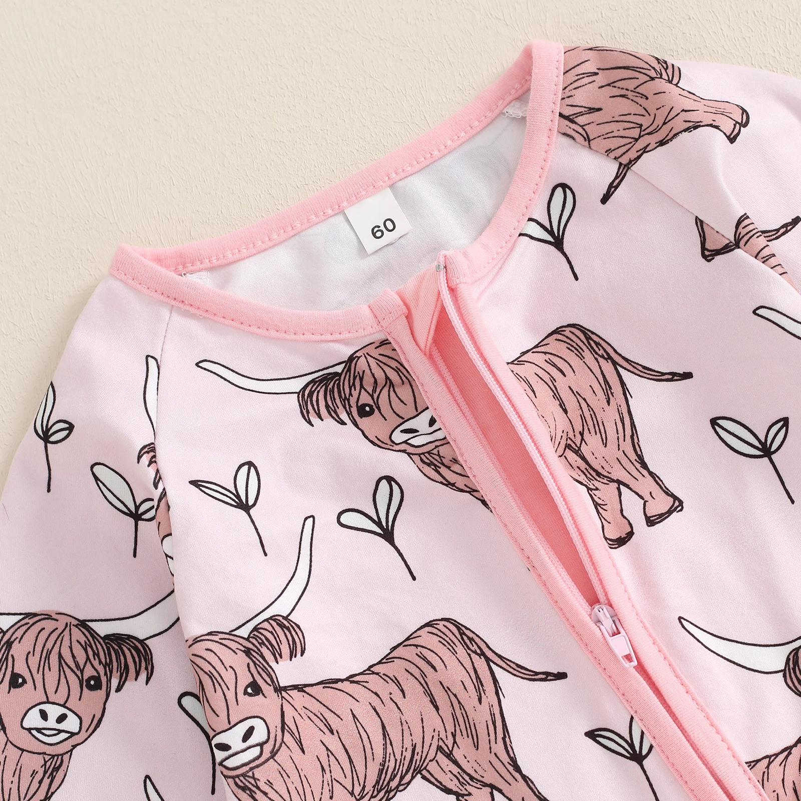 Cute Spring Fall Baby Girl Boy Western Romper Cattle Print Round Neck Long Sleeve Zip-Up Full Length Jumpsuit Costume