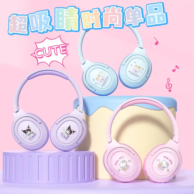 

Kawaii Hello Kitty Earphones Anime Head-mounted Wireless Bluetooth Earphones Foldable Design Noise Reduction Long Battery Life