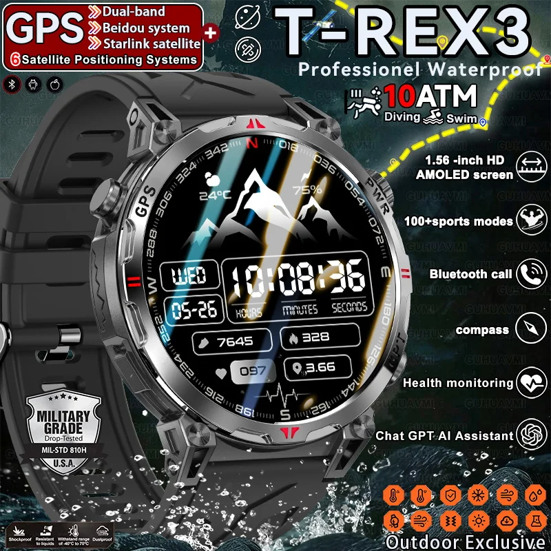 

New GPS Smart Watch AMOLED 650Mah T-REX3 10ATM Waterproof Fitness Bluetooth Call Professional Sports Smart Watch For Men Women