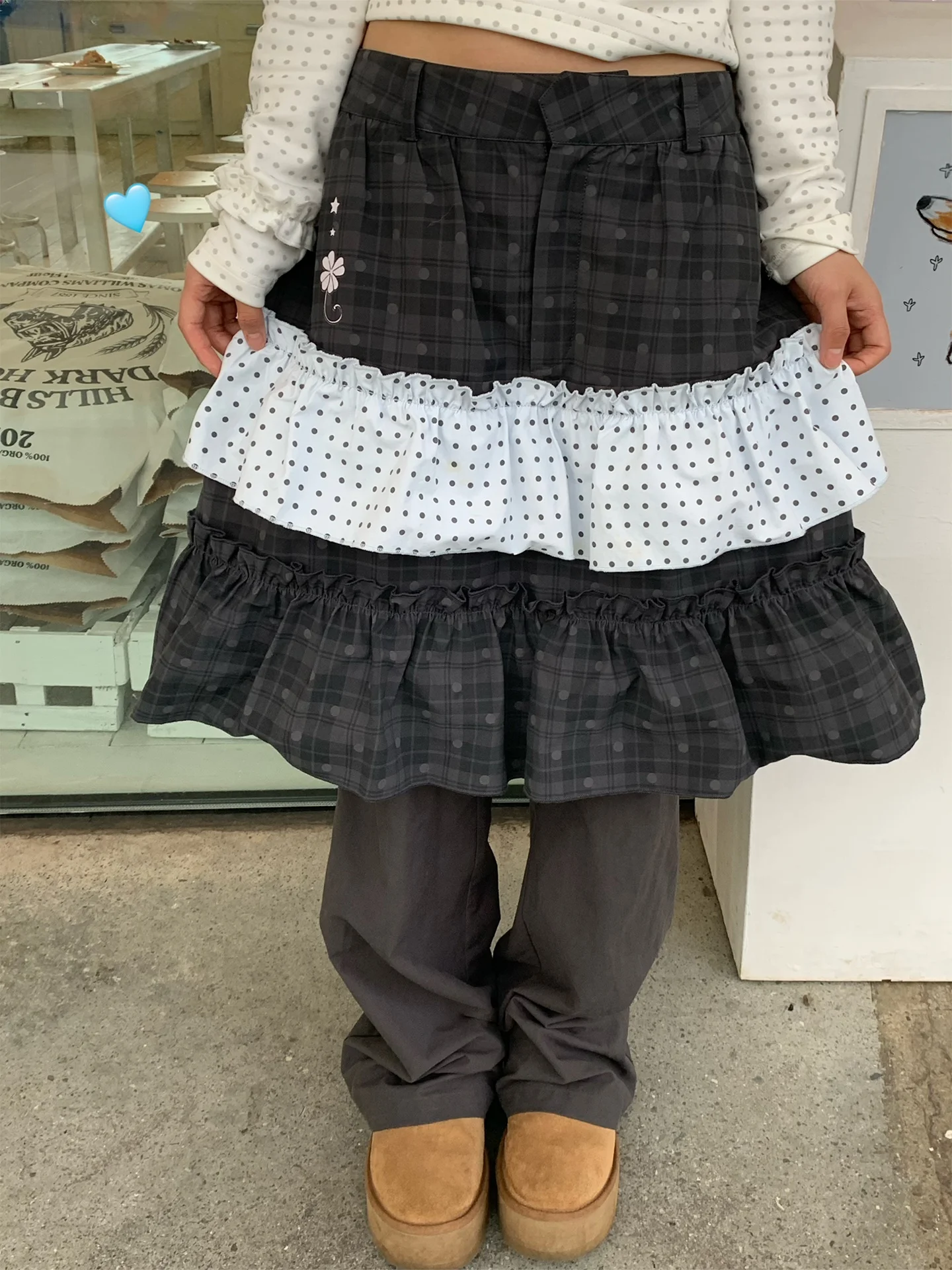 

moreeep ey Blue Polka Dot Puffy Skirt Patchwork Straight Workwear Pants Heavy Du Sle Clean Fit l Waist Cotton ...