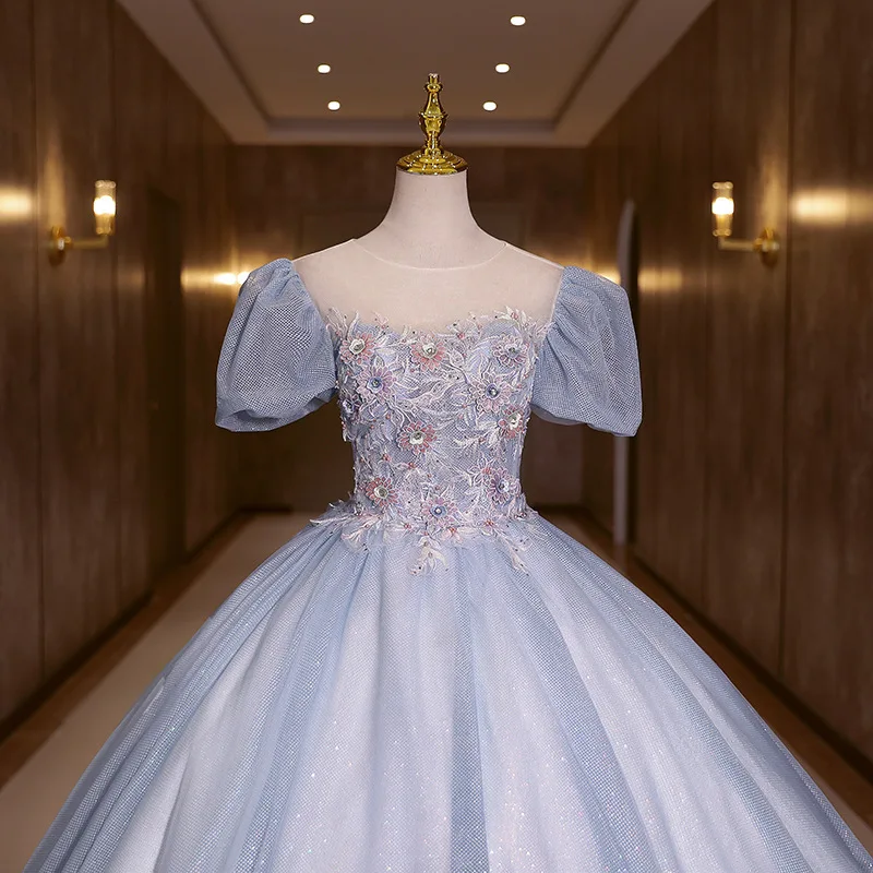 Vestidos de quinceañera con Apliques de encaje azul de lujo, Vestidos de fiesta con lentejuelas de manga corta, Vestidos de baile Vintage de 15 años, vestido para quinceañeras