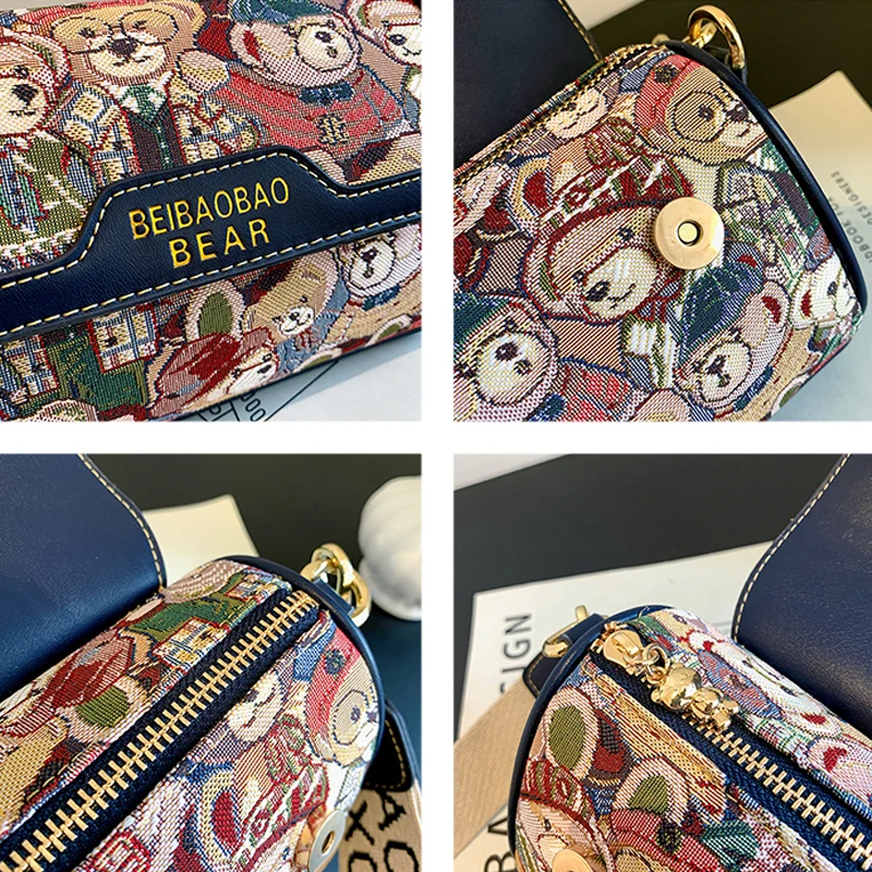 2024 Highquality Womens Casual One Shoulder Bags Fashion Allmatch Bear Embroidery Design Suitable For Girls Canvas Crossbody Bag