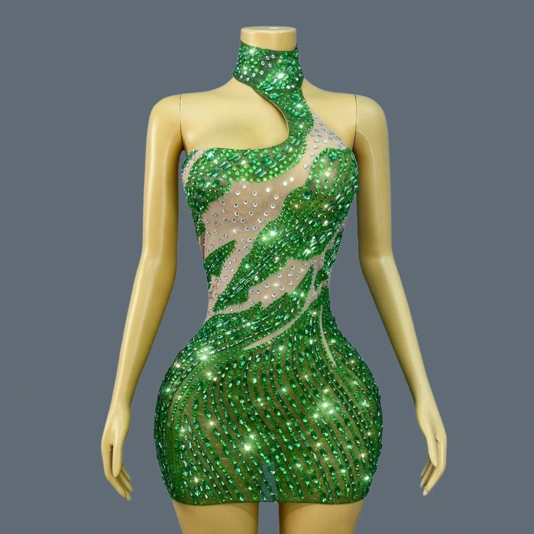 

Sparkly Rhinestone Green Theme Party Cocktail Dress Festival Backless Sexy Women Mini Dress Birthday Celebrate Prom Outfit Lvlin