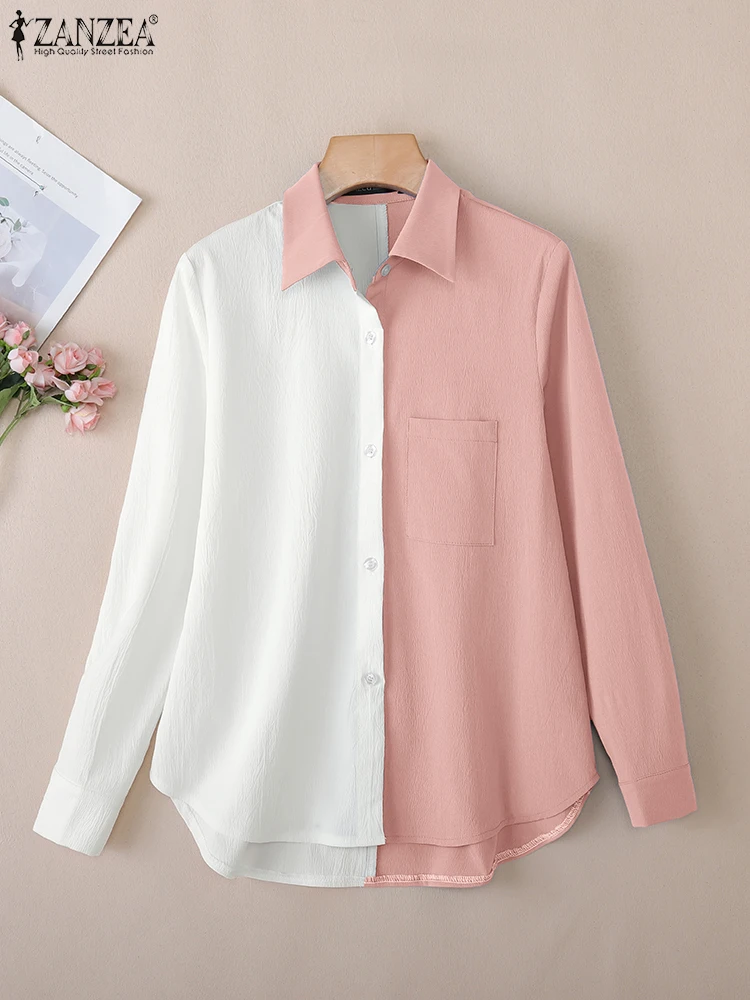 2025 ZANZEA قمصان مكتب الخريف المرقعة القمم أنثى OL العمل بلوزة أزرار Blusas أنيق المرأة التلبيب الرقبة طويلة الأكمام قميص #1