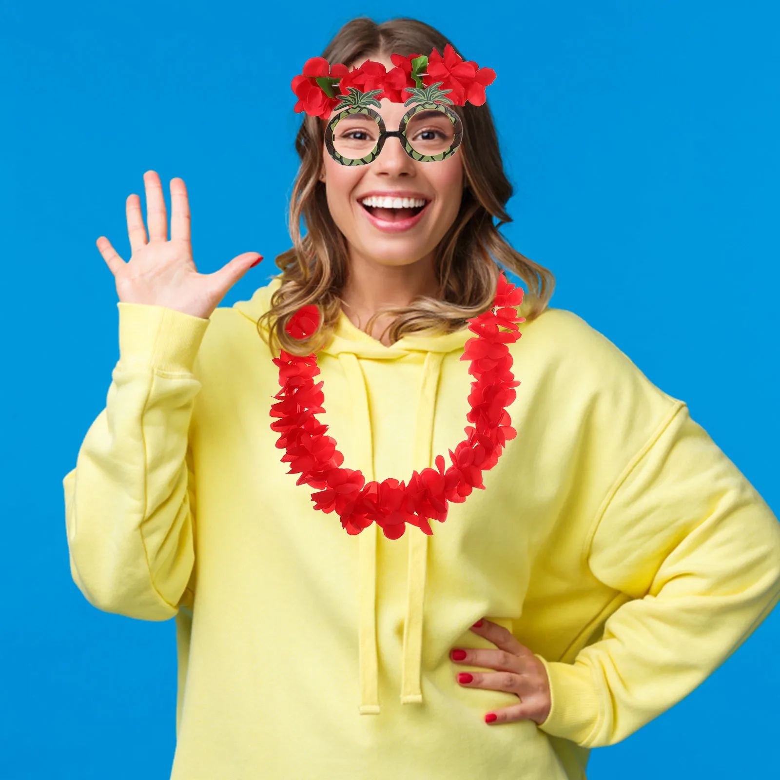 

6pcs In 1 Set Red Hawaiian Garland Artificial Flower Headband Neck Loop Bracelet Pineapple Eyeglasses Stickers Tropical