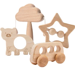 4Pcs Baby Wooden Wooden Rattle Beech Bear Hand TeethingToys Natural Wooden Ring Baby Rattle Montessori Toy Car Newborn Gift