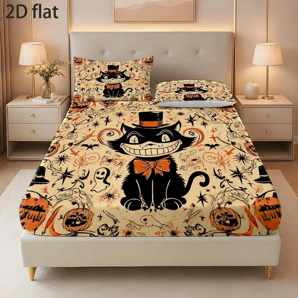 Halloween Bedding Set (Includes 1 Fitted Sheet + 2 Pillowcases, No Core) 2D Flat Printing, Mattress Protector, Halloween Black Cat Smile Theme, Vintage Hand-Drawn Illustration Style, Halloween Carnival Season, Suitable for All Seasons, Elastic Fitted Sheet Protector, Machine Washable, Easy Care, Soft and Breathable Mattress Protector