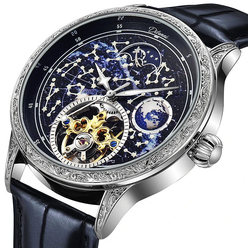 Starry Sky Luminous Vintage Tourbillon Mens Watch Top Brand Luxury Belt Watch Men Automatic Mechanical Skeleton Clock Reloj 2023