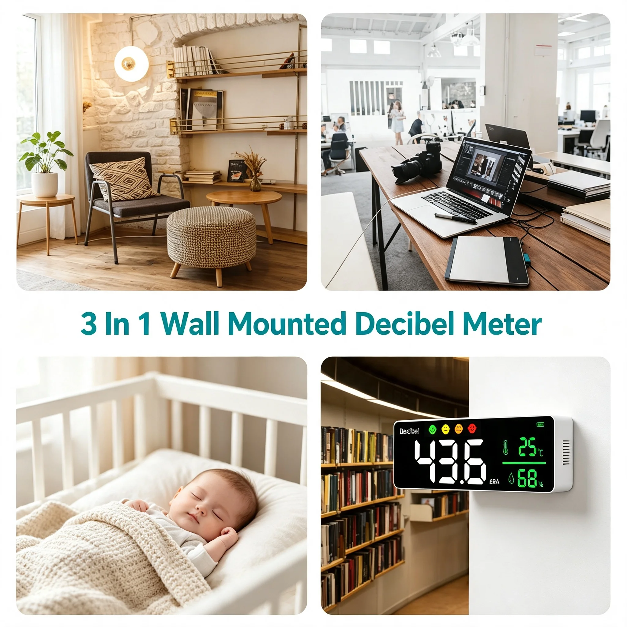 Wall Mounted Digital Decibel Meter 30-130dB, Large LED Noise Tester with Backlight Display for Home Office Classroom Study