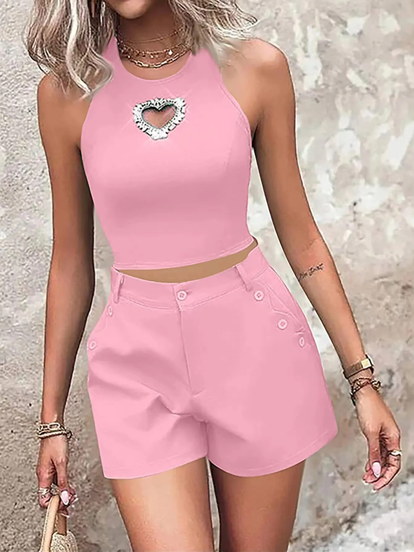 Know Dream 2024 Solid color sexy tights fashion love pattern vest shorts suit women's wear