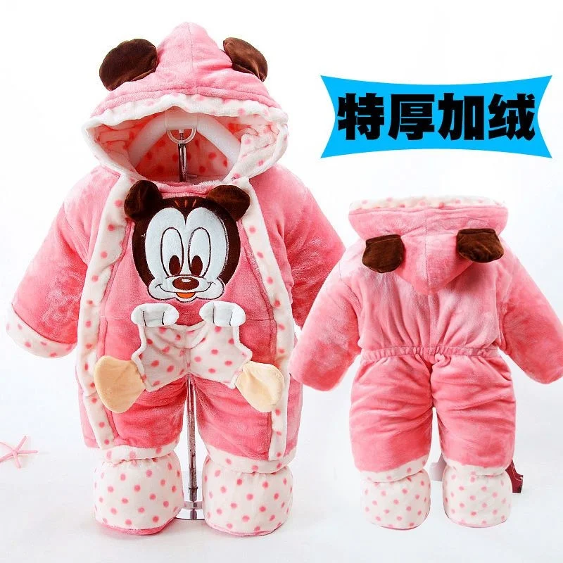 HelloKitty Mickey Mouse Baby Winter Jumpsuits Warm Fluffy Rompers For Infants Boys Girls Onesies Clothes With Hat Kids Sleepwear