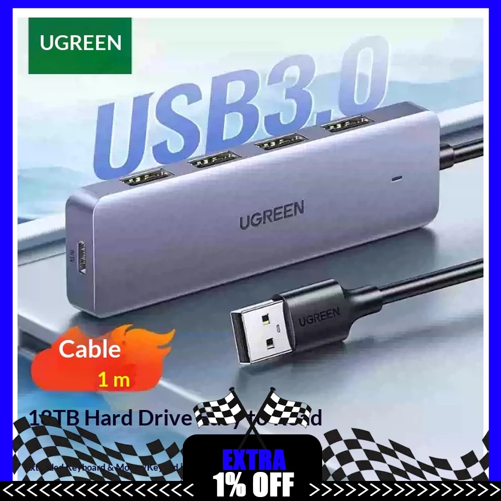 UGREEN 15918 4 Port USB 3.0 Hub Powered USB Splitter with 1m Cable Type C Power Port Multiport Expander for Laptop PC Hard Drive