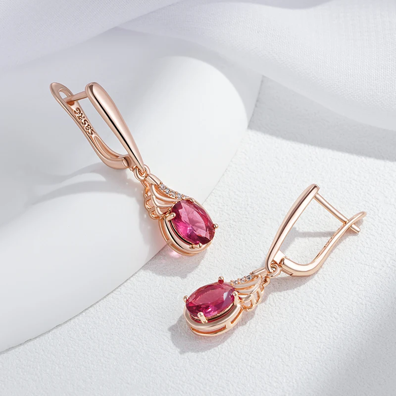 Kinel Shiny Red Oval Natural Zircon Drop Earrings for Women Fashion 585 Rose Gold Color Vintage Wedding Party Fine Daily Jewelry