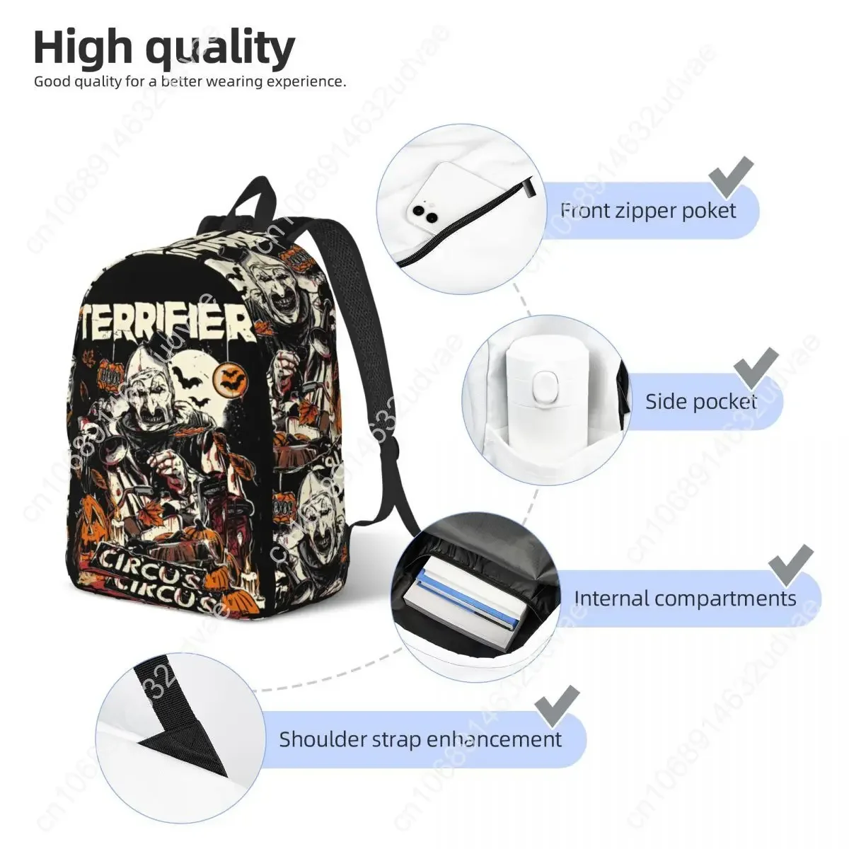 Sac à dos Terrifier Horror Movie Halloween pour hommes et femmes, sac à dos de sport, de randonnée, de voyage, sac à bandoulière pour étudiants, sac à dos de collège