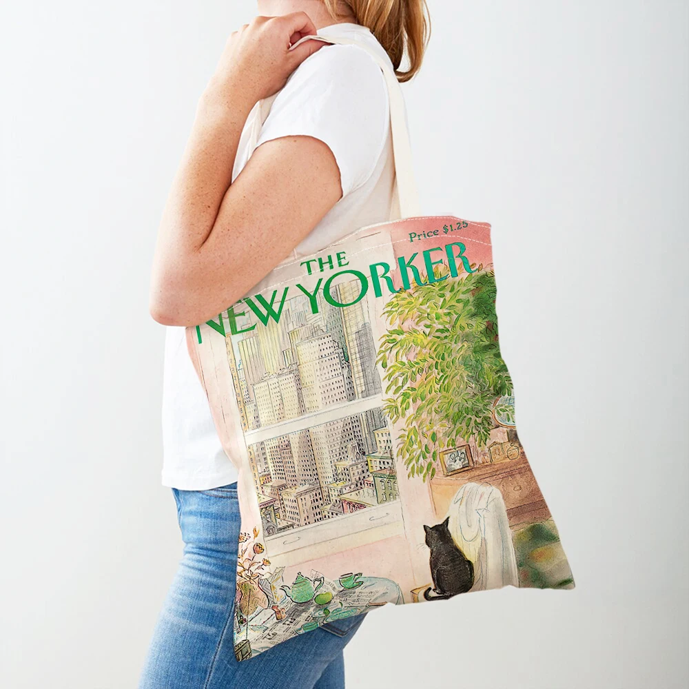 Double Print New Yorker Women Shopper Bags Supermarket Tote Lady Handbag Both Sides Reusable Foldable Casual Canvas Shopping Bag