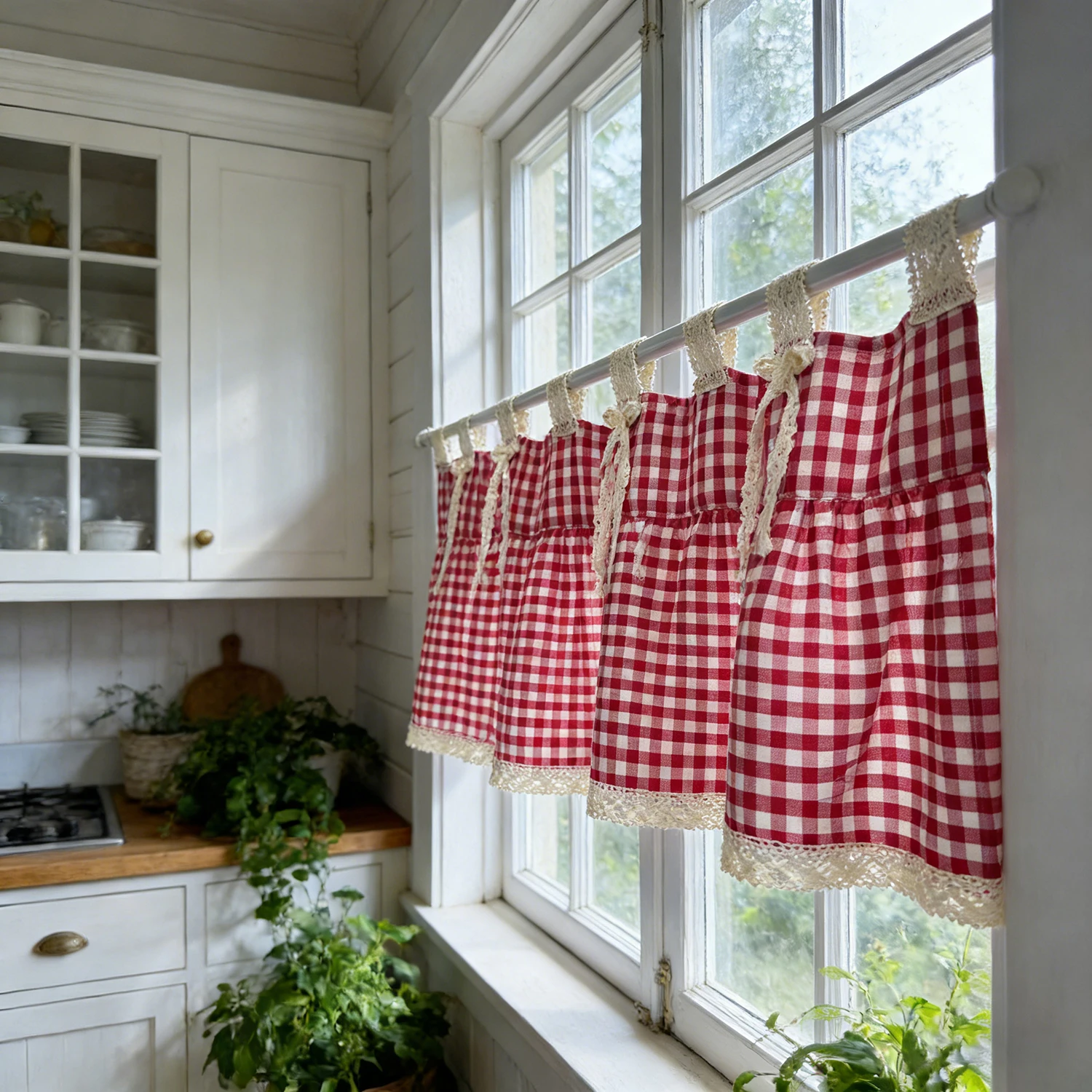 Korean Style Red And White Checkered Skirt Lace Straps Short Curtains,Specially Designed with Bow Cute Small Curtain For Window