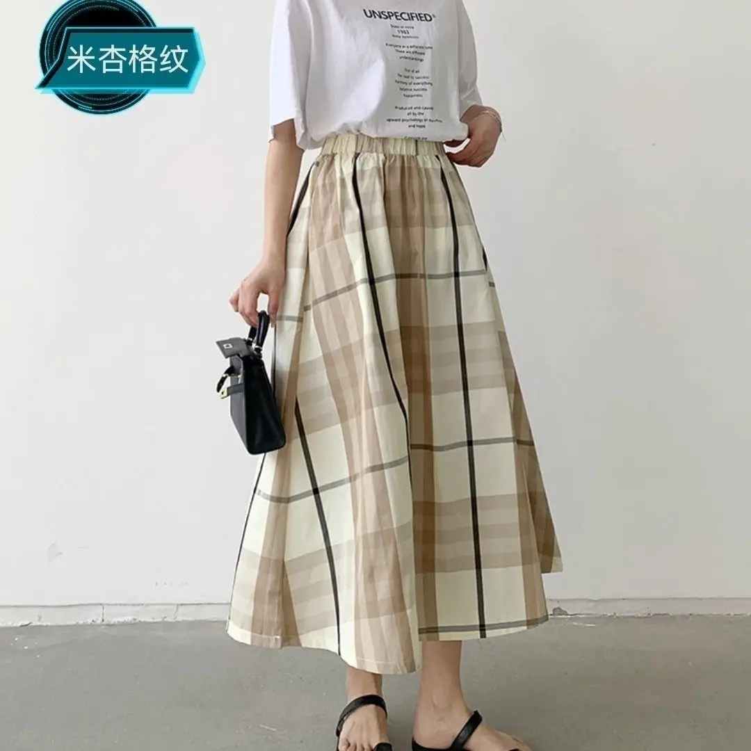 Comfortable French Retro Plaid Skirts Contrast Color Pleated A-line Flowing Skirts All-match Elastic Waist Mid Length Sweet Lady