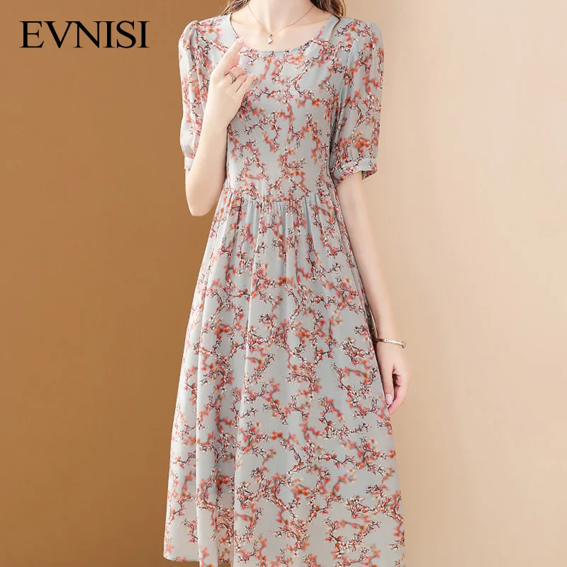 EVNISI Floral Printed Dresses Women Summer 2022 New Dresses Elegant Chiffon A-line Round Neck Casual Holiday Sweet Vestidos