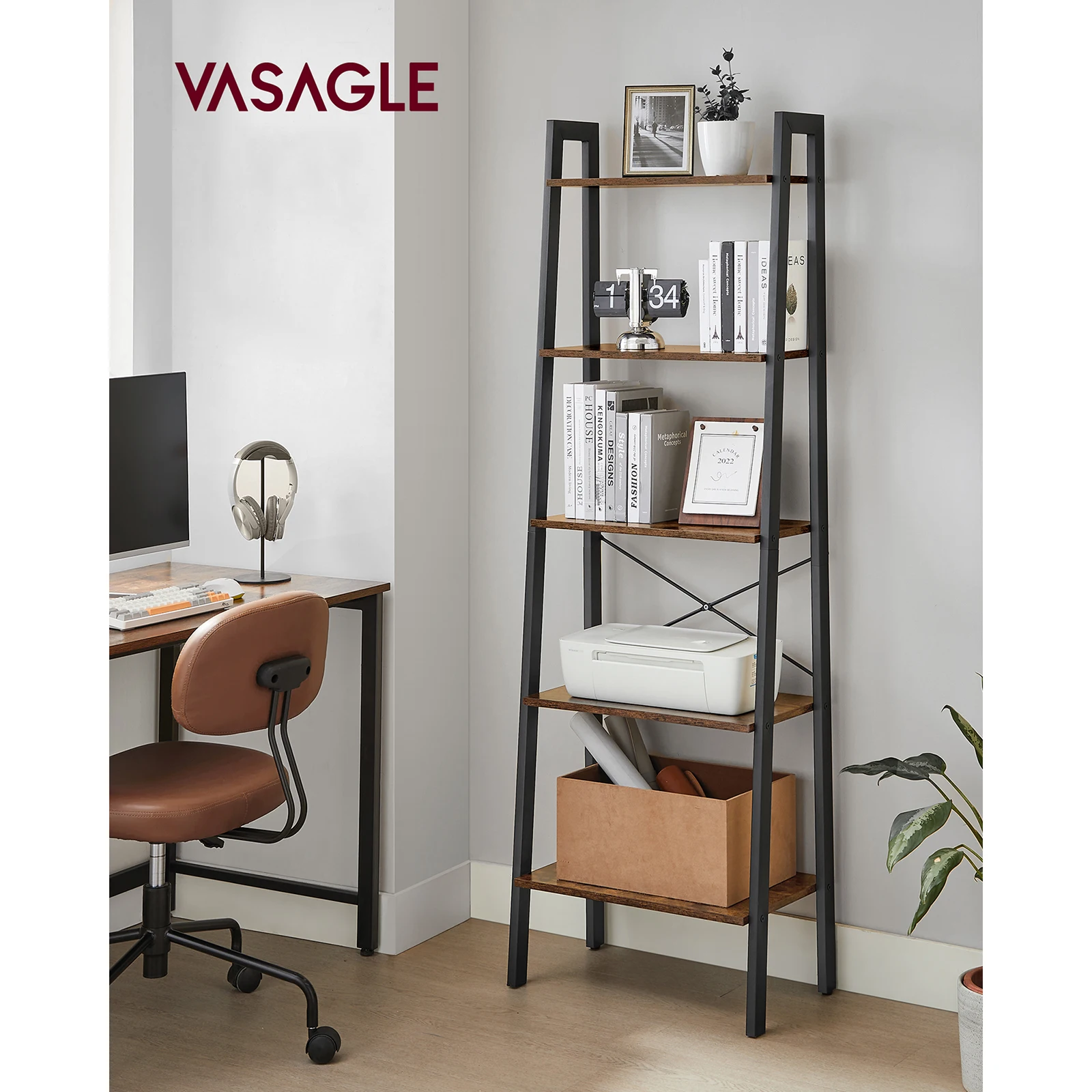 VASAGLE 5-Tier Ladder Shelf. Industrial Bookcase with Metal Frame. For Living Room, Kitchen.