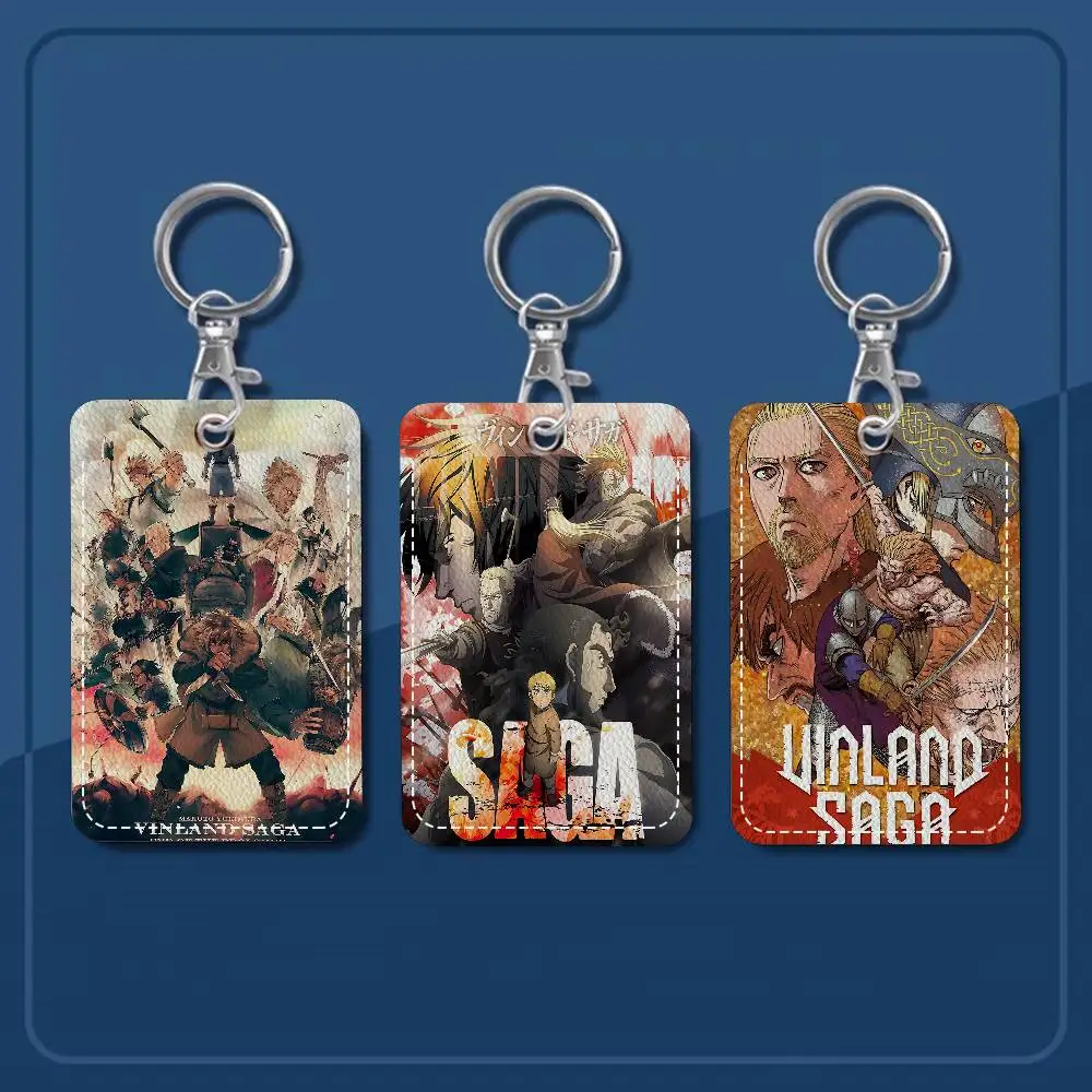 Vinland Saga Anime 1Pc PU Leather Card Holder Keychain Key Ring Door Lock Access Tags ID Card Case Keychain Card
