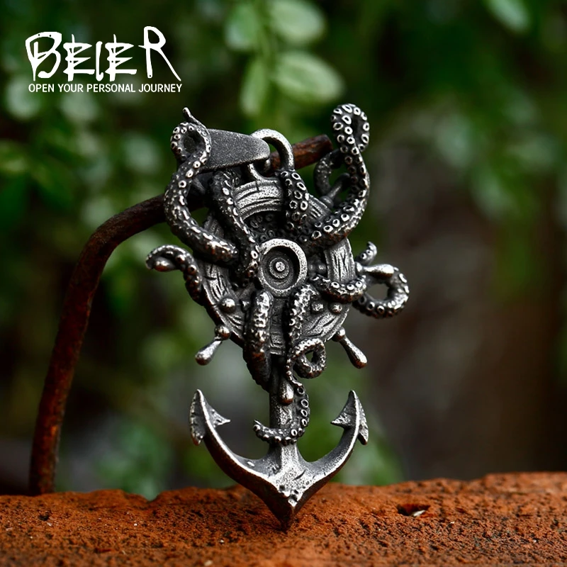 BEIER Stainless Steel Dark Style Kraken Octopus Ship\'s Anchor Pendant Pendant fashion Chain Necklace men/women Jewelry BP8-1060