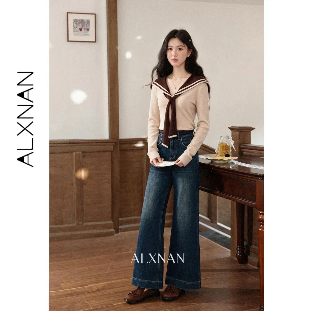 ALXNAN Vintage Blue Jeans Autumn High Waist Straight Wide-leg Baggy Pants 2026 Fashion Elegant Female Denim Pants L682168A
