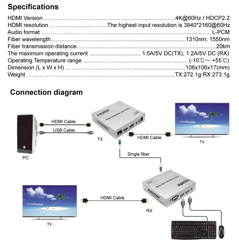 Imagem -02 - Fiber Transceiver Video Converter Hdmi Kvm Extender Cabo de Fibra lc 4k 60hz Transmissor 1080p Hdmi2.0 Hdcp 22 20km