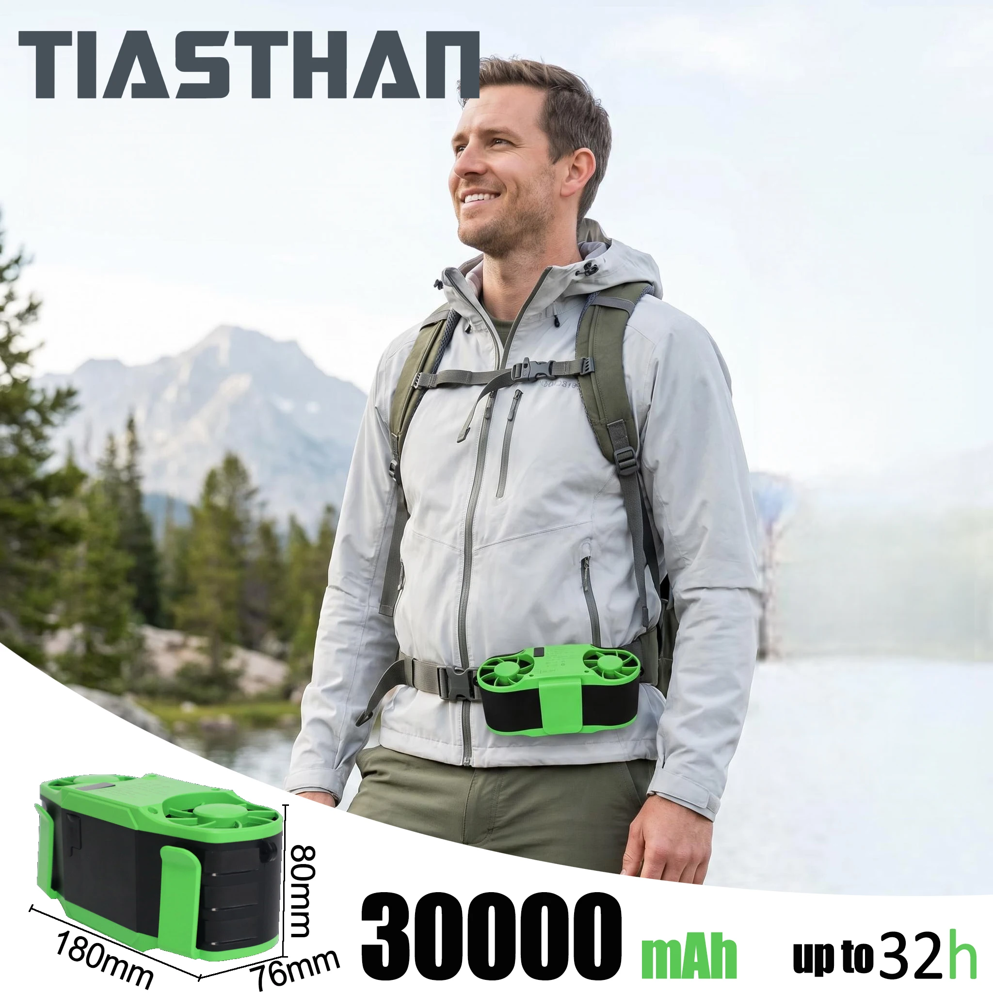 

30000mAh 2-in-1 Waist Fan and Power Bank 7 Speed Strong Breeze Personal Fan with Lanyard for Traveling Fishing - Up to 32H