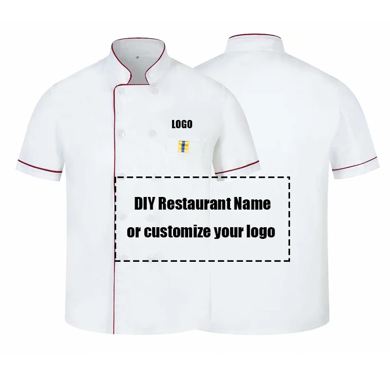 Uniforme de Chef personnalisé avec LOGO imprimé, cuisine, boulangerie, café, Service alimentaire, manches courtes, respirant, vêtements de cuisine, veste de serveur, salopette
