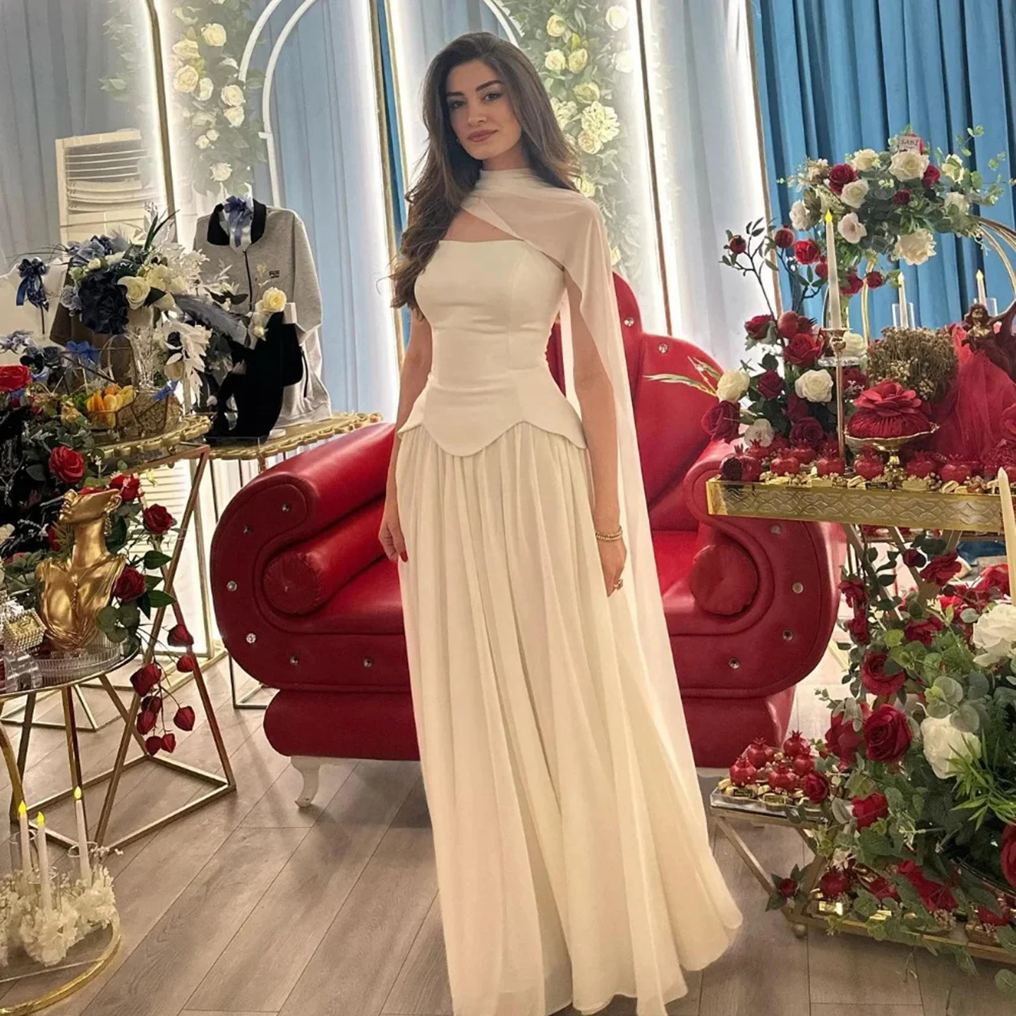 فستان سهرة نسائي أبيض كريمي مع رقبة مربعة بدون أكمام، فستان شفاف للحفلات الراقصة، فستان رسمي أنيق ورومانسي #5