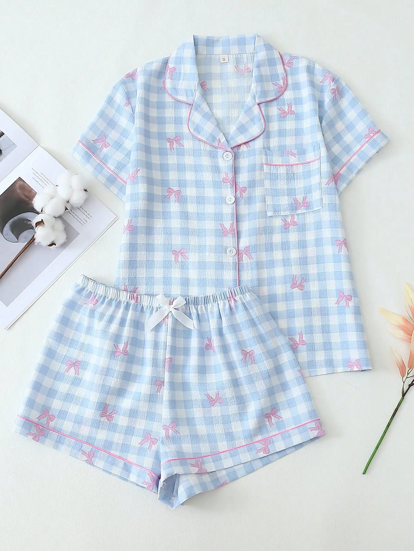 

2-Piece Light Blue Gingham Bow Print Women's Pajama Set - Short Sleeve Button-Up Top & Shorts