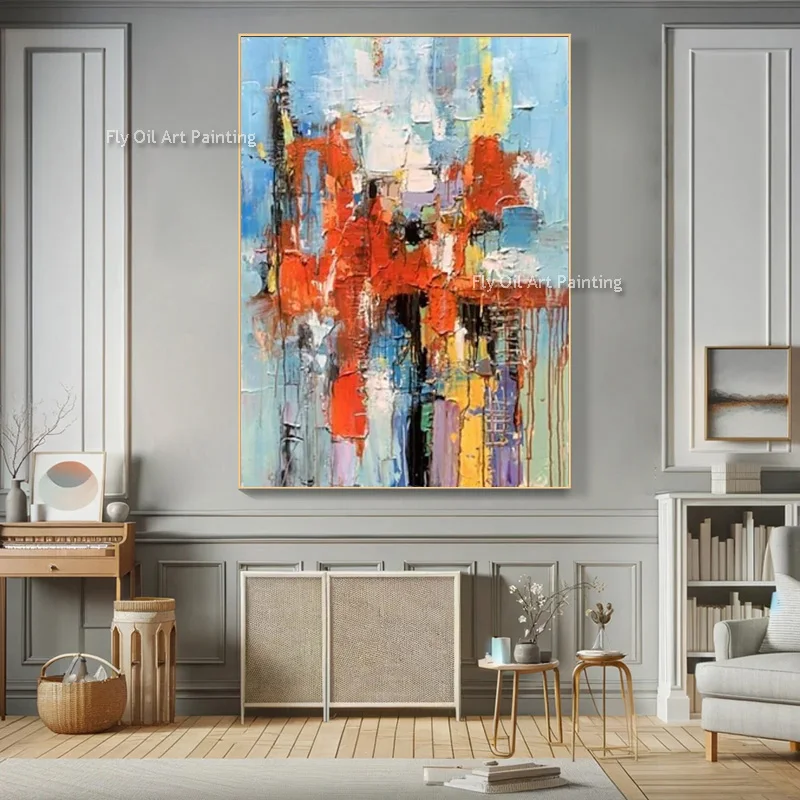 Blue And Red Color Mixed Abstract Canvas Artwork Large New Sepcial Wall Art Handmade Sliver White Oil Painting For Room Decor