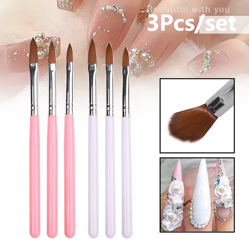 3 szt. Zestaw pędzli do paznokci akrylowych profesjonalny proszek akrylowy do przedłużania pędzli do paznokci Nail Art 3D rzeźba Manicure narzędzia do salonu