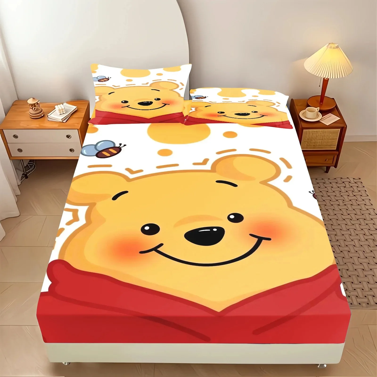 Cartoon Winnie the Pooh printed bed sheet with pillowcase, Disney cartoon bedding, boy and girl bedroom bedspread, customizable