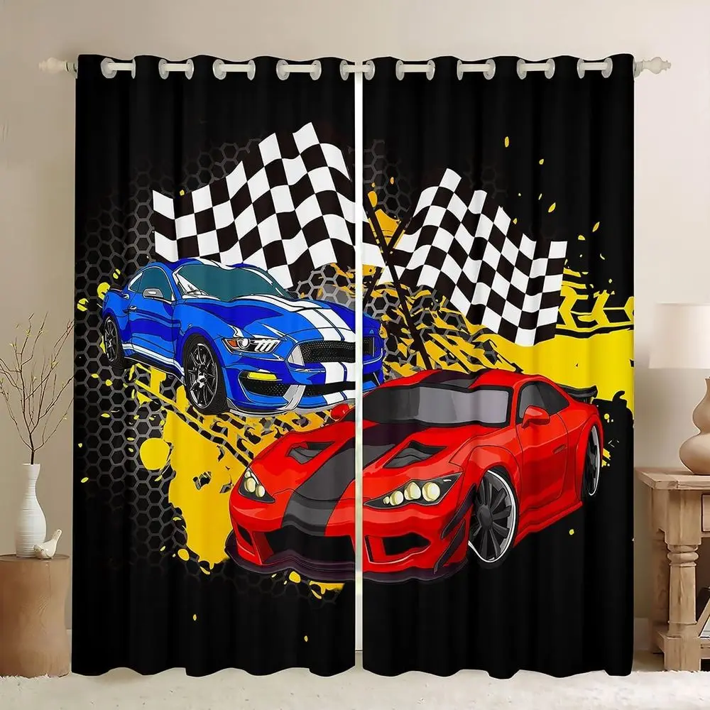 

Racing Car Window Curtains, Sports Car Curtain, Black and White Grid Window Drapes for Kid Teens Boys Young Man, Modern Bedroom