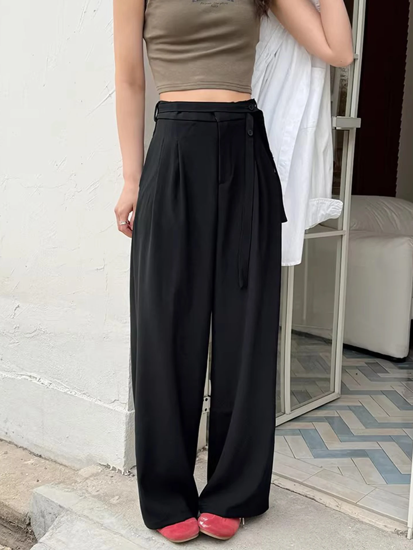 High Waist Tuxedo Pants Women's Casual Loose Fit Floor Length Design Sense Wide Leg Pants Commute Sle Polyester Fiber