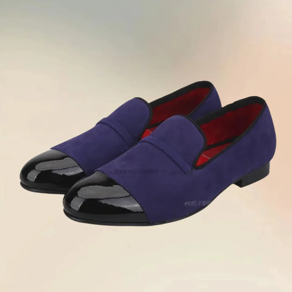 

Red Velvet with Black Patent Leather Toe Loafers Fashion Comfort Slip On Men Shoes Novel Handcraft Runway Feast Men Casual Shoes